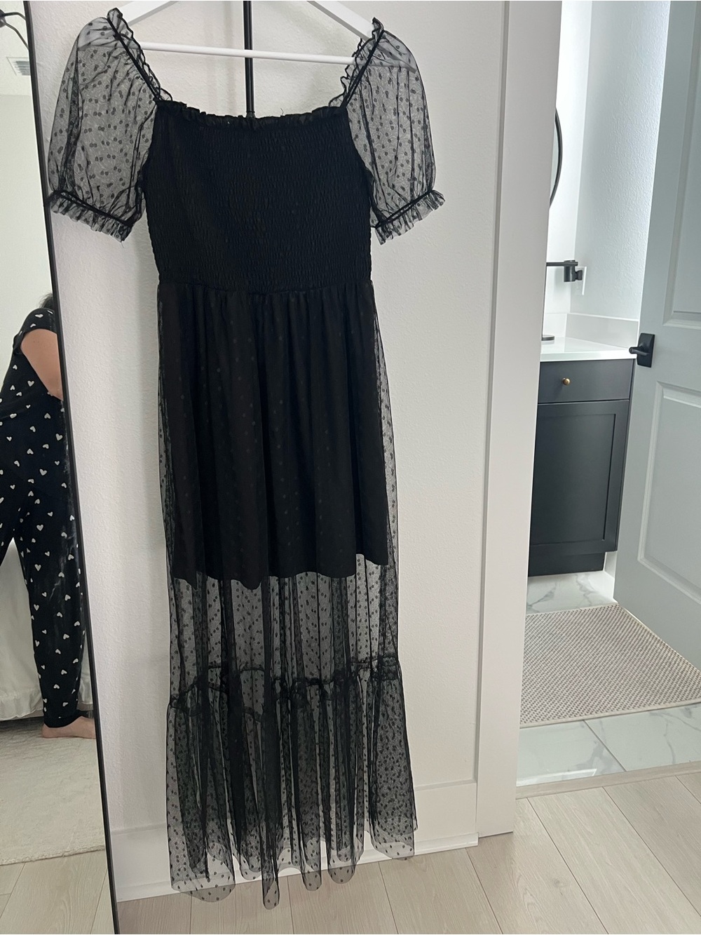 Black Swiss Dot Mesh Maxi Dress with Puff Sleeves